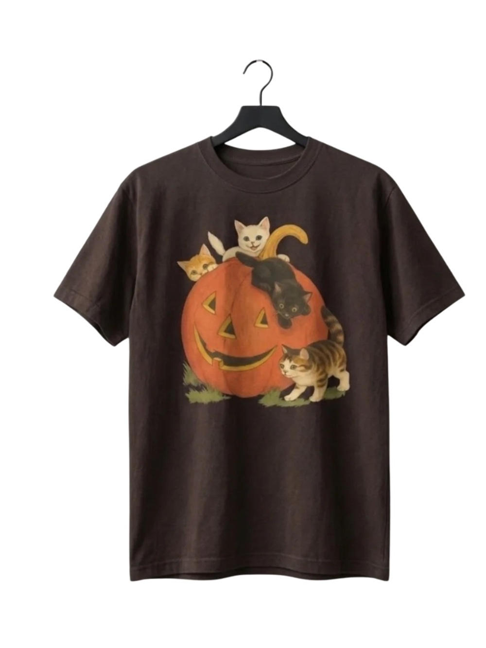 Gildan Brown Tee with Pumpkin & Kittens Graphic